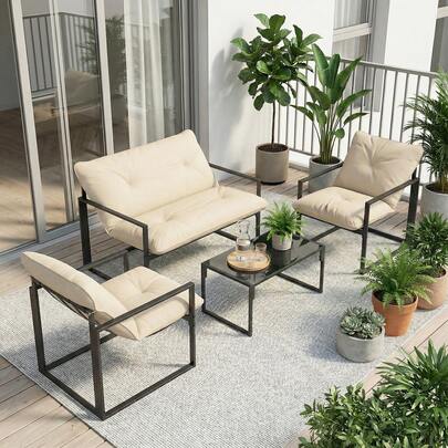 Outsunny 4 Piece Patio Furniture Set, Outdoor Furniture Conversation Set With Tempered Glass Table, Loveseat Sofa, 2 Chairs And Cushions, Metal Frame For Garden, Backyard, Beige