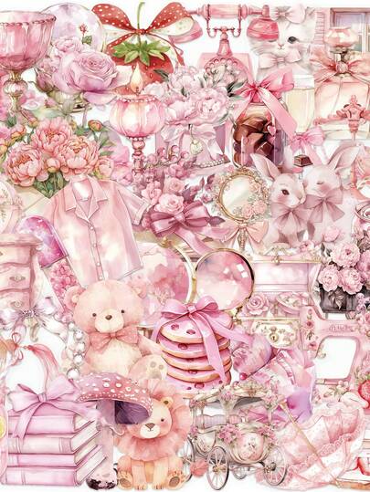 50Pcs Pink Fairy Tale Sticker Pack Transparent PET Phone Case Back Decor ,DIY Scrapbook, Journaling, Laptop, Bumper, Skateboard