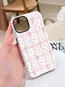 Bow-Knot 1pc French Girly Plaid & Floral Patchwork Bow Design Glossy 2-In-1 Filmstrip Phone Case, Compatible With Samsung/ 11/12/13/14/15/16/17 Pro Max,International Version, Not The Domestic Version - Multicolor - View 2