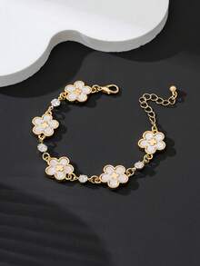 1 pieza Pulsera clásica y retro de verano, nueva y versátil, con incrustaciones de trébol blanco dulce para mujeres - Blanco - Ver 4