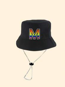 1pc Baby Letter A-Z Design Bucket Hat, Unisex Outdoor Sun Protection Cap, Children Panama Hat Accessory - Black - View 8