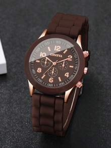 2pcs/Set Women's Silicone Watch With Classic Three-Eye Numeric Dial, Elegant Quartz Wrist Watch + Heart-Shaped Bracelet (Watch Box Not Included) - Brown - View 7