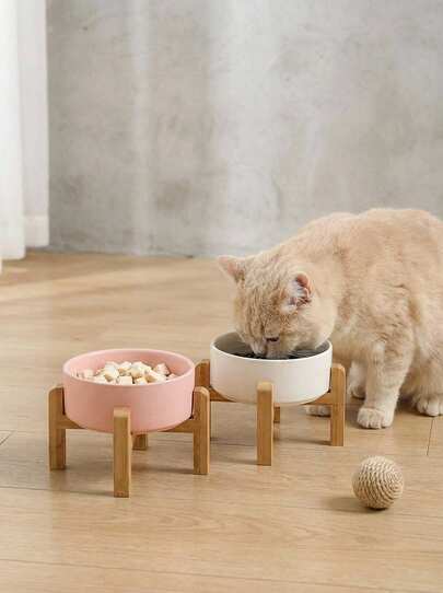 PETSIN Elevated Ceramic Cat Bowl Raised Dog Dish Non-Slip Cat Food Bowl With Bamboo Stand Dog Food Water Set Anti Vomiting, Stress Free For Medium Dogs