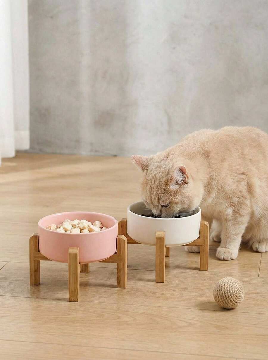 PETSIN 加高陶瓷猫碗加高狗碗防滑猫食碗带竹架狗粮水套装防呕吐、无压力，适合中型犬