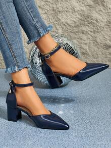 Giày cao gót mũi nhọn bằng da lộn khoét rỗng, đính nơ, đế dày dành cho nữ, đa năng cho mặc hàng ngày, đi làm, công sở, màu đen, cỡ lớn. - Màu xanh hải quân - Xem 4