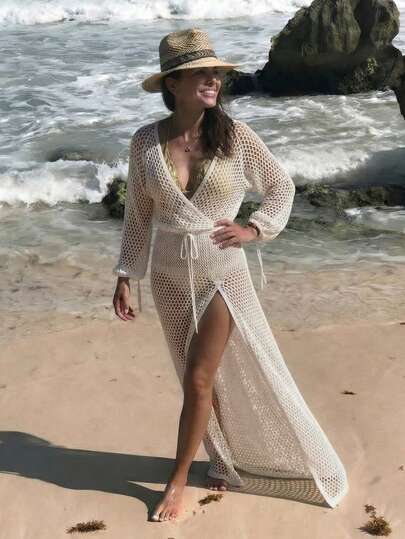 فستان سويتر ماكسي مريح للنساء، جديد باللون البيج فرنسي، كنزة مخرمة بياقة V عميقة وسحاب، أنيق وجذاب للحفلات والعطلات والشاطئ، مناسب للربيع والصيف