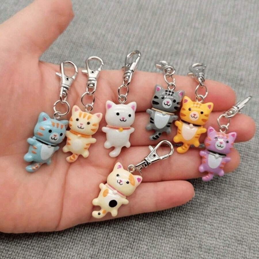 7pcs Cute Cat Keychain Set, Cartoon Animal Resin Decor Accessories, Key Chain With Lobster Clasp, Decorative Birthday Gift, Bag/Car/Phone Charm Car Accessories Bag Charm School Animal Goth Y2k - 彩色 - 查看 1