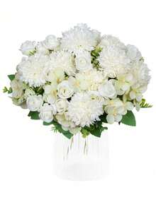 人造牡丹花刺绣球，混合花卉，塑料丝花，玫瑰花苞，生日派对，活动，装饰，婚礼捧花，新娘捧花，家居装饰，餐厅，卧室，窗台装饰，花瓶装饰，情人节礼物，新年装饰，户外花园，返校季，情人节，毕业礼物 - 白色 - 查看 1