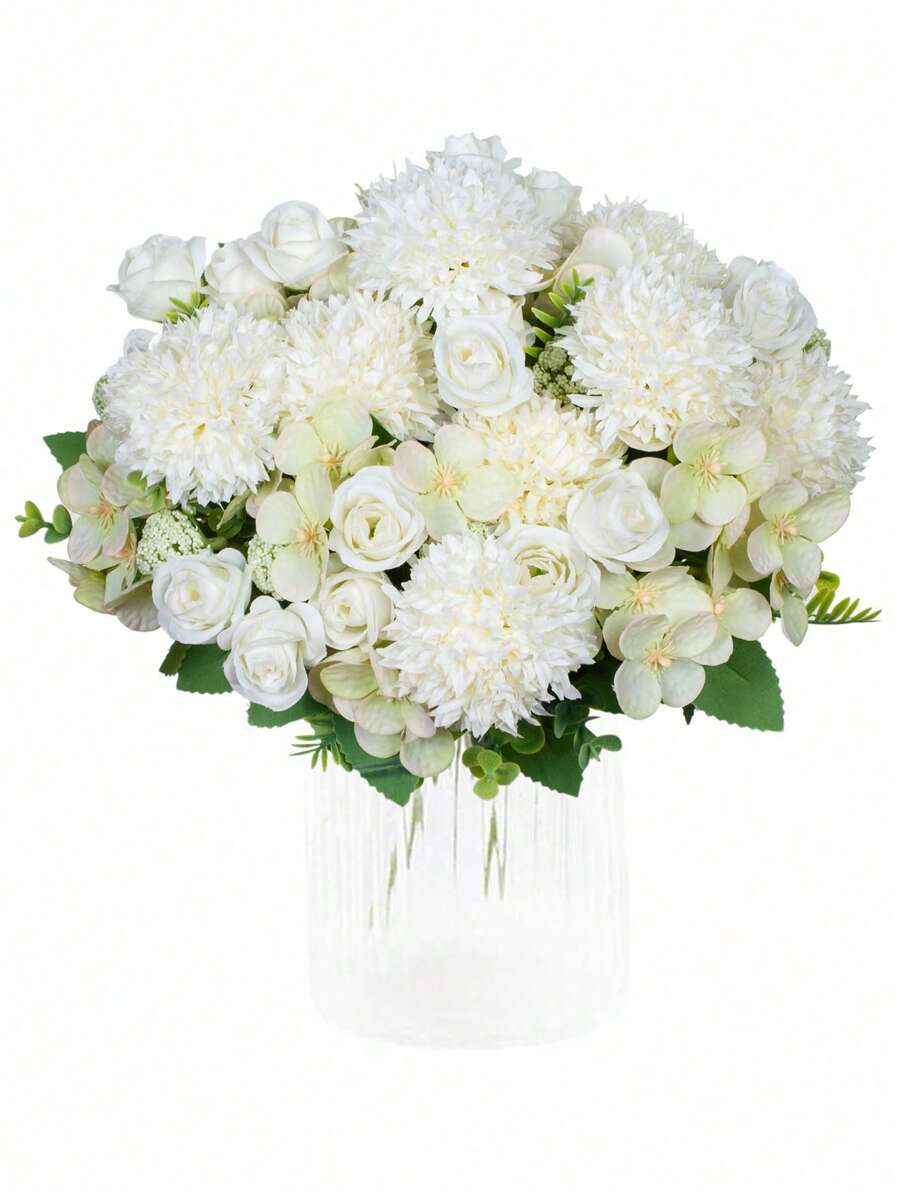 人造牡丹花刺绣球，混合花卉，塑料丝花，玫瑰花苞，生日派对，活动，装饰，婚礼捧花，新娘捧花，家居装饰，餐厅，卧室，窗台装饰，花瓶装饰，情人节礼物，新年装饰，户外花园，返校季，情人节，毕业礼物 - 白色 - 查看 1