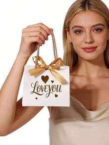 10PCS/1PC/Valentine's Day Wedding Favor Tote Bags With Ribbon 14x12x6cm - White With Gold Ribbon - View 12