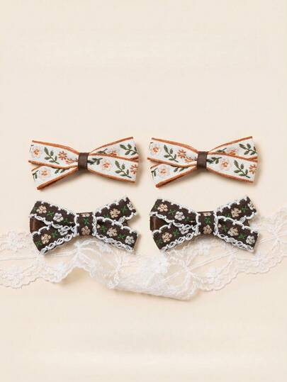 2PCS/4PCS Coffee-Tone Adorable Floral Bow Hair Clips Forest-Style Children's Hair Accessories