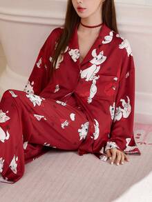 Gongdie Disney 两件套迪士尼玛丽猫印花纯棉长袖睡衣套装，女士款，春秋季 - 紅色 - 查看 7