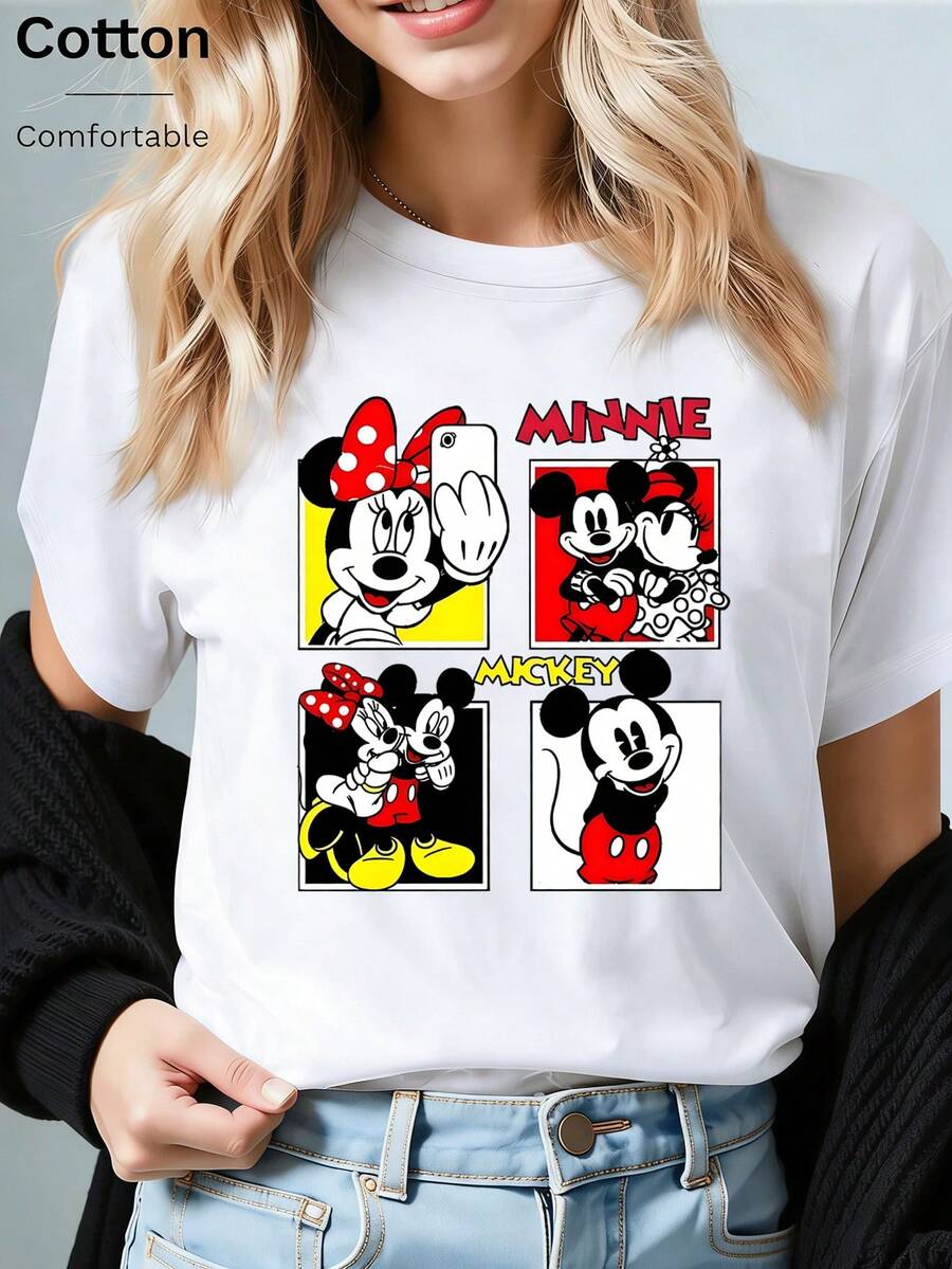 Disney (Loose Version)Women's Cute Mickey Minnie Mouse Cartoon Print Cotton Short Sleeve Round Neck T-Shirt Regular Length Medium Stretch Fabric Top - White - View 1