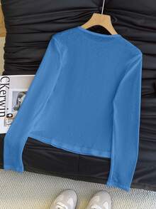 Top corto transparente de manga larga, cuello redondo y ajustado con estilo de los años 2000 para el verano - azul oscuro - Ver 7