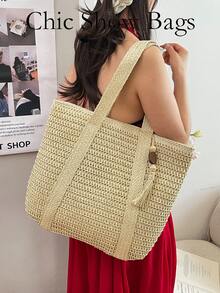 Women's Fashion Large Capacity Woven Vacation Style Hollow Out Straw Tote Bag - White - View 12