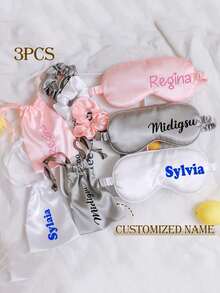 3pcs /Set Personalized Women's Fashion Custom Name Eye Mask Set, Including A Hair Tie And Storage Bag,Can Be Customized With Your Name - Multicolor - View 2