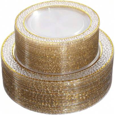 50/25/12/2pcs Transparent Hammered Double Gold Rim Plates, Double Gold Rim, Transparent Bottom Decorated With Gold Rim, Elegant Dessert Plate, Pasta Plate, Pizza Plate, Cake Plate, Salad Plate, Size 7.5 Inch/10.25 Inch, Reusable And Easy To Clean, Suitable For Outdoor Use, Parties, Birthdays, Weddings And Holidays. (Multiple Specifications Available For Selection)