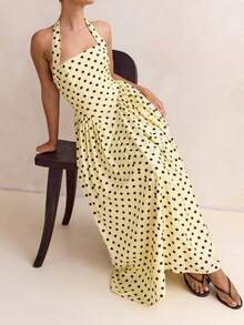 Women's Summer Yellow Polka Dot Halter Neck A-Line Maxi Dress Sleeveless Flowy Figure Flattering Party Casual Dress For Daily Beach Date Night Easy Gift - 黃色 - 查看 6