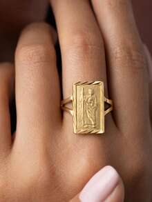 1 pieza Anillo cuadrado delicado con grabado de la Virgen María, regalo de joyería de uso diario para mujeres - anillo - Ver 6