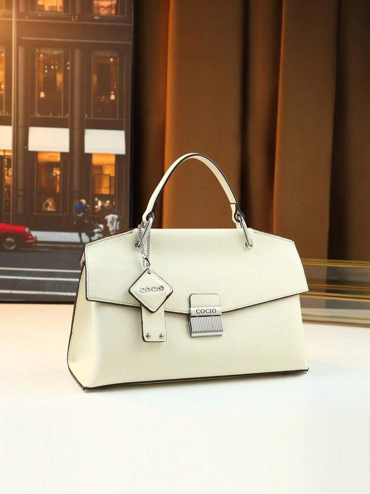 Bolso de mano con solapa vintage, bolso de sobre de estilo versátil para ir y venir, material de ante sintético, con dije con placa de identificación, otoño/invierno, textura en relieve - Blanco - Añade 3