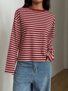 女士圆领落肩长袖条纹撞色罗纹休闲T恤 春季 - 玫紅卡其色 - 查看 10