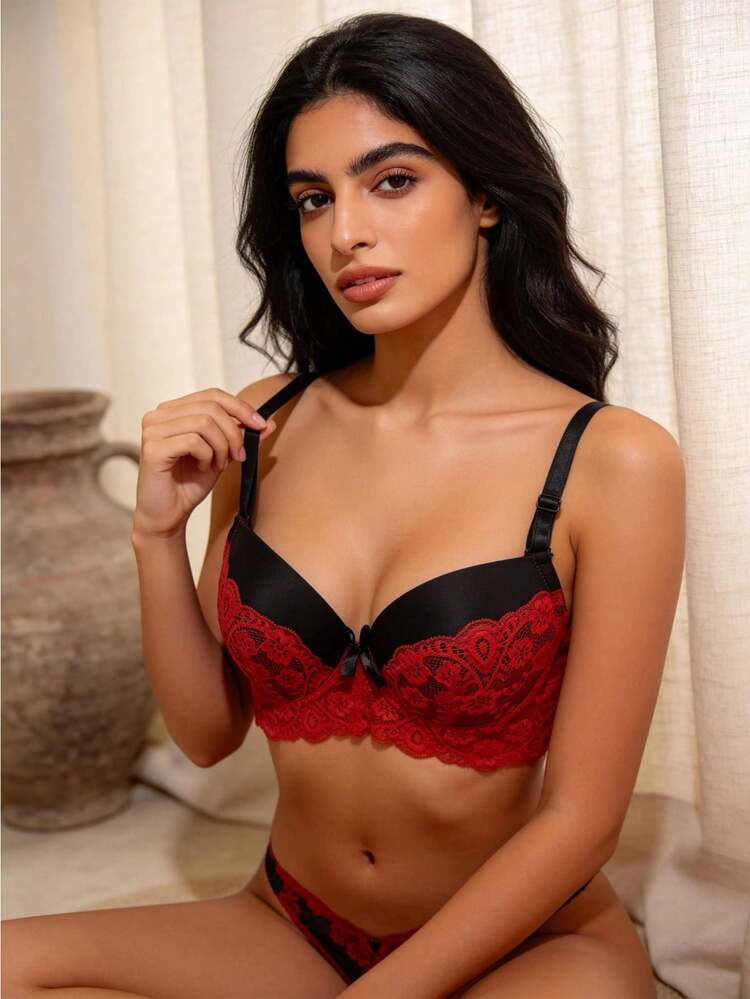 Temptuelle Romantic Color Block Sexy Padded Push Up Lace Splice Bra, BC Cup Women Lingerie - Red - View 2