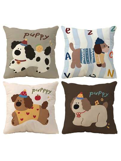 4pcs Cute Cartoon Dog Print Pillow Covers (Pillow Insert Not Included), Home Decor Sofa Cushion Covers, Bedroom Headboard Pillow Covers, Car Seat Cushion Covers, Room Decor