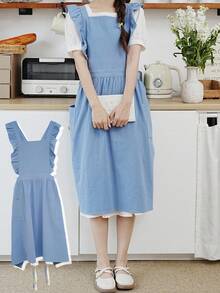 1件复古风女士加大码荷叶边围裙，2个口袋，可调节褶皱系带罩衫，适合家庭清洁/厨房烘焙/户外活动/餐厅、咖啡馆、花店、艺术工作室、美容院和其他工作场所。 - 彩色 - 查看 24