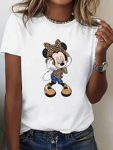 Disney (Loose Version)Stylish Minnie Mouse Leopard Print Regular Fit Round Neck Cotton T-Shirt For Women Short-Sleeved Round Neck Casual Shirt Necessary In Summer, Suitable For Summer And Spring, Holiday Gift Party Clothing, Ladies' Clothing. - White - View 1