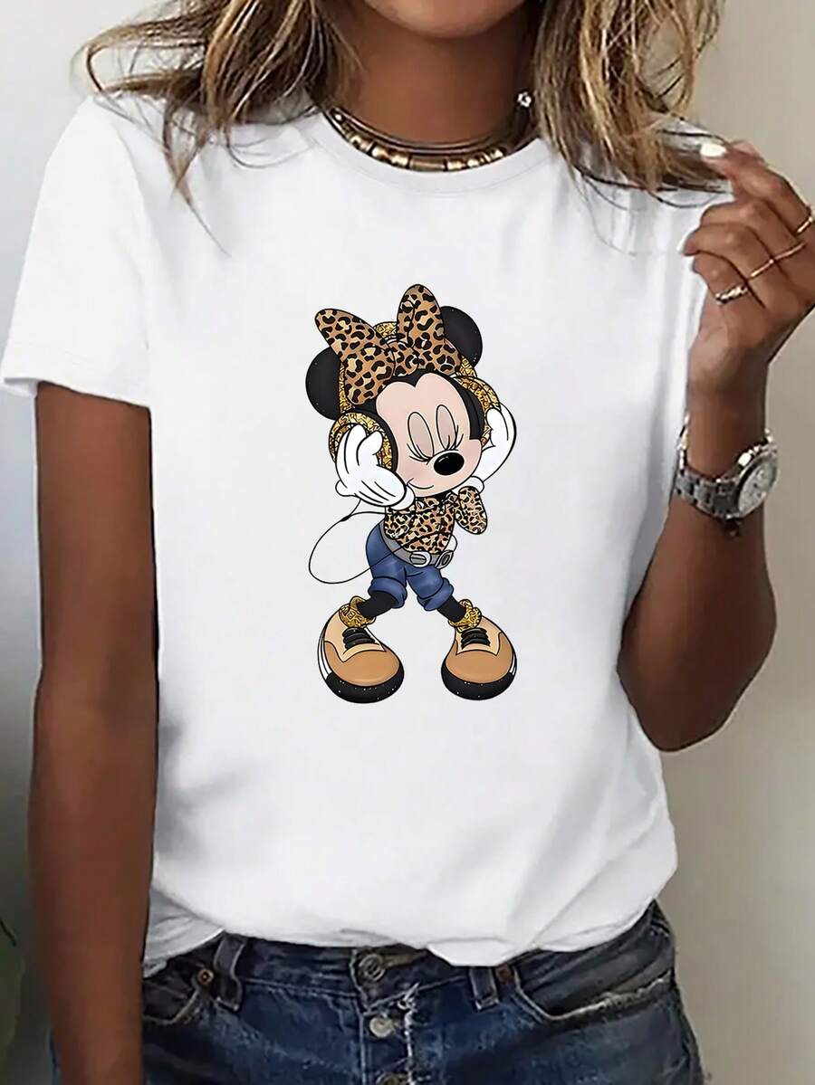 Disney (Loose Version)Stylish Minnie Mouse Leopard Print Regular Fit Round Neck Cotton T-Shirt For Women Short-Sleeved Round Neck Casual Shirt Necessary In Summer, Suitable For Summer And Spring, Holiday Gift Party Clothing, Ladies' Clothing. - White - View 1