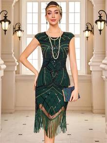 Đầm Flapper cổ điển thập niên 1920, đính cườm, sequin và tua rua, kiểu Gatsby, thích hợp cho tiệc cocktail, màu xanh đậm, đám cưới, mùa xuân. - Màu xanh lá cây đậm - Xem 7
