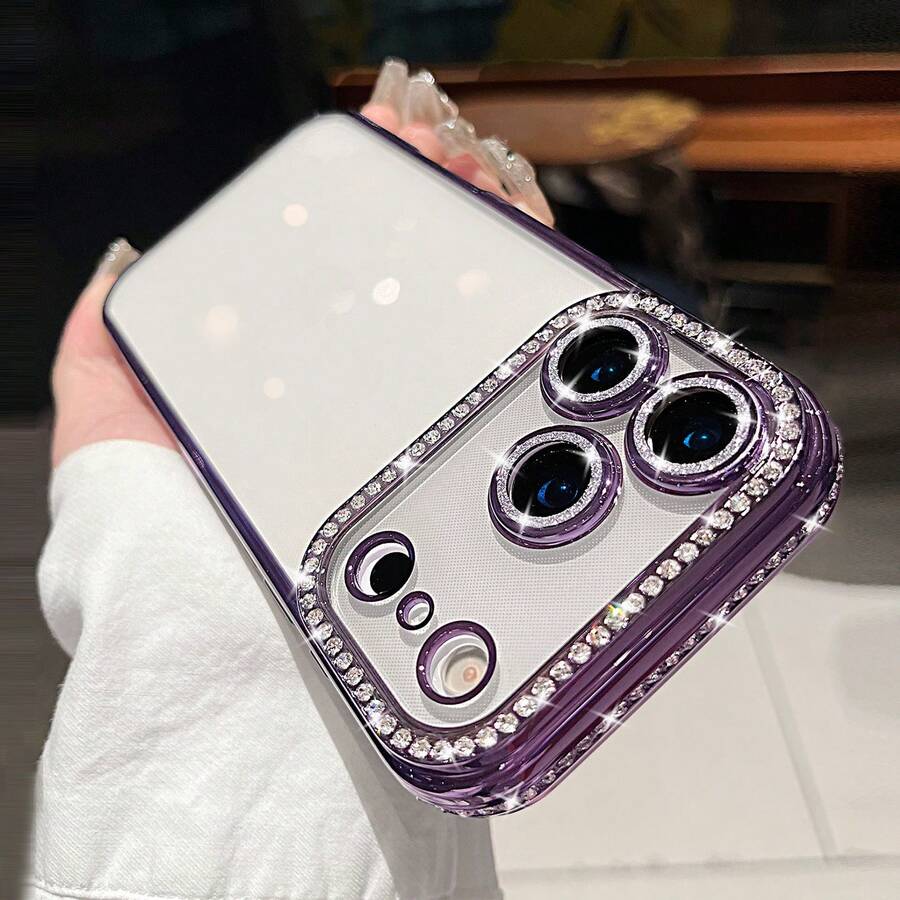 亮片水钻奢华电镀紫色手机壳，带镜头膜，适用于 17 Pro Max/17 Pro/17 Air/17/16 Pro Max/16/16 Pro/16 Plus/16e/15/15 Pro Max/15 Pro/15 Plus/11/12/13/14 Pro Max/11 Pro/11 Pro Max/12 Pro/12 Pro Max/13 Pro/13 Pro Max/14 Pro/14 Pro Max/14 Plus/13 Mini/12 Mini，简约创意设计