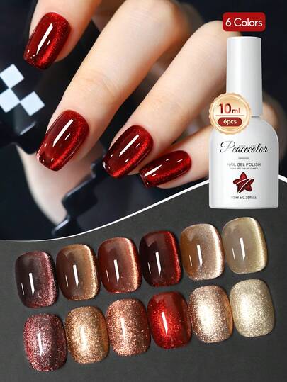 Juego de 6 piezas de esmalte de uñas en gel de ojo de gato PEACECOLOR con brillo rojo dorado, kit de uñas de gel UV LED de 10 ml con brillo metálico que se retira con remojo, diseño de arte de uñas para mujeres