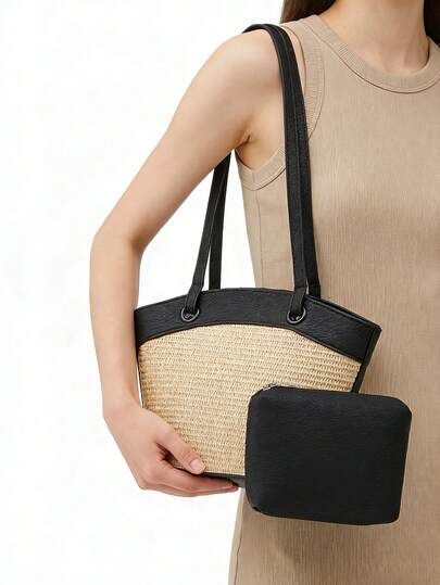 女士休闲新款二合一套装，大容量复古百搭时尚编织手提包，可调节肩带，带钱包袋，适合外出、商务旅行、海滩度假等场合。