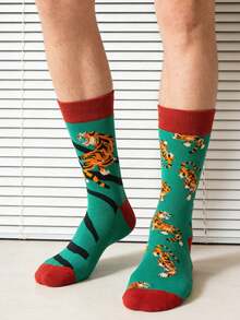 1 Pair Unisex Tiger Print Socks, Fashionable And Versatile For All Seasons - Multicolor - View 4