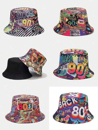 1顶男女通用复古经典“80、90年代”卡带收音机涂鸦印花双面渔夫帽，轻便透气宽檐遮阳帽，百搭休闲街头风，适合各种场合