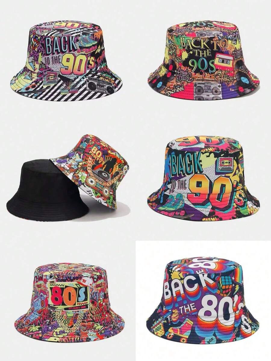 1顶男女通用复古经典“80、90年代”卡带收音机涂鸦印花双面渔夫帽，轻便透气宽檐遮阳帽，百搭休闲街头风，适合各种场合 - A - 查看 1