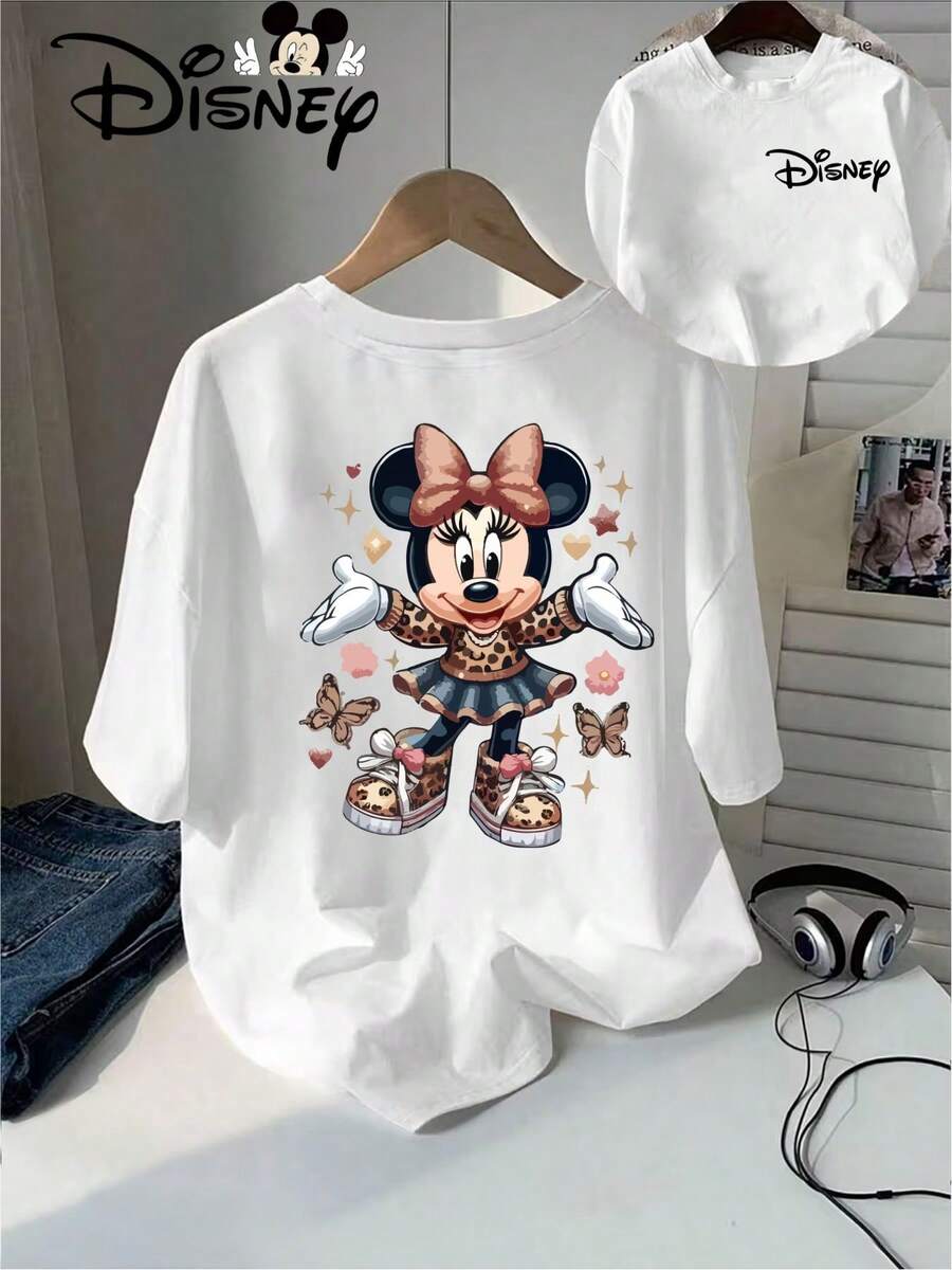 Disney Women's Regular Length Loose Sleeve Round Neck Cotton T-Shirt With Minnie Mouse Print - 白色 - 查看 1