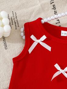 女婴夏季两件套套装 - 无袖蝴蝶结上衣 + 网纱荷叶边短裤 - 紅色 - 查看 5