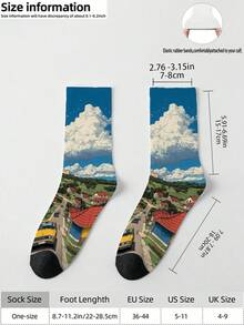 1双360男士袜子——趣味十足的印花图案，包含建筑、蓝天白云和汽车，柔软舒适，弹性极佳。这款时尚休闲的街头嘻哈风360袜子，非常适合作为压缩袜、情人节礼物或宽松的孕妇袜。 - 彩色 - 查看 6