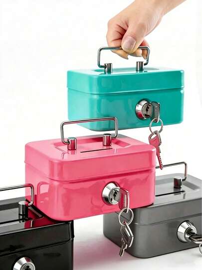 1 pieza Caja de almacenamiento con cerradura de metal de unicolor, caja de dinero con llave, pequeña y portátil, caja de ahorro de monedas, caja de almacenamiento para adultos, cajón de efectivo, caja de colección, caja registradora, hucha, mejor regalo para cumpleaños y graduación