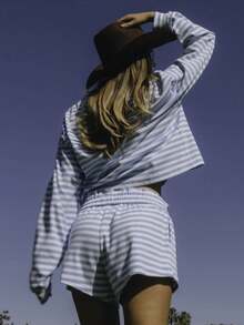 Women Y2K Striped 2 Piece Loungewear Set  Oversized Long Sleeve Crop Top  High Waisted Shorts  Cozy Casual Pajama Set For Lounge, Sleep  Weekend Outfits  Back To School Outfits - 天藍 - 查看 2