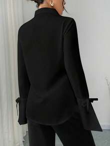 Plus Size Pleated Ribbon Decor Solid Color Long Sleeve Office Shirt Spring Black - Black - View 3