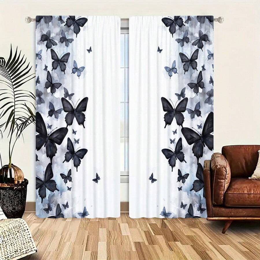 Bộ 2 rèm cửa họa tiết bướm in kỹ thuật số, phù hợp cho phòng ngủ, phòng khách, phòng ăn và nhà bếp, phong cách tối giản hiện đại, vải polyester, thiết kế dạng túi thanh, rèm cửa mỏng | Rèm cửa tối giản hiện đại | rèm cửa dạng túi thanh treo, rèm cửa phòng khách, rèm cửa dùng được cho mọi mùa trong ngày