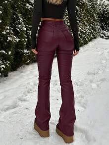 GILIPUR New Y2K Style Women's Burgundy PU Leather Pants, High Waist Casual Elegant Fashion Bottoms, Straight Loose Fit, Streetwear Spring - Burgundy - View 11