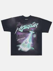 Hellstars UFO  Y2K Graphic T-Shirt,220g 100% Cotton,Round Neck Short Sleeve,Black Streetwear Essential For Summer Going Out,Unisex Style - 黑色 - 查看 1