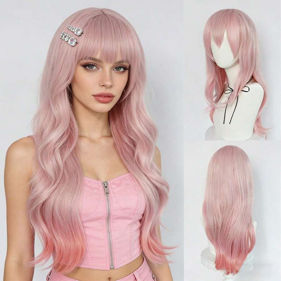 粉色渐变长卷发假发，带刘海，高品质耐热发丝，多功能假发，适合动漫角色扮演和韩流偶像造型 - 粉色 - 查看 1