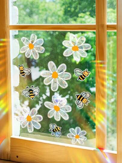 1pc Colorful Bee & White Flower Window Sticker, Spring Home Decor Glass Sticker, Sunflower Window Sticker, Rainbow Sunshine Catcher Glass Sticker, Double-Sided Visual Pattern Static Cling Glass Window