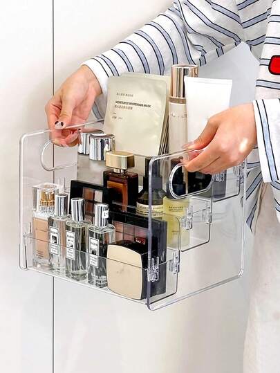 1pc Transparent Plastic Cosmetic Storage Rack, Tiered Desktop Makeup Organizer Box, Transparent Storage Basket For Storing Cosmetics, Lipsticks, Perfumes, Face Masks, Etc. Suitable For Desktops, Student Dorms, Tiered Multi-Layer Stationery Organizer