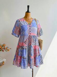 大码女式蓝色碎花V领短袖连衣裙，波西米亚风格，适合复活节海滩、夏威夷音乐节、热带度假等场合，优雅时尚。 - 藍色 - 查看 2